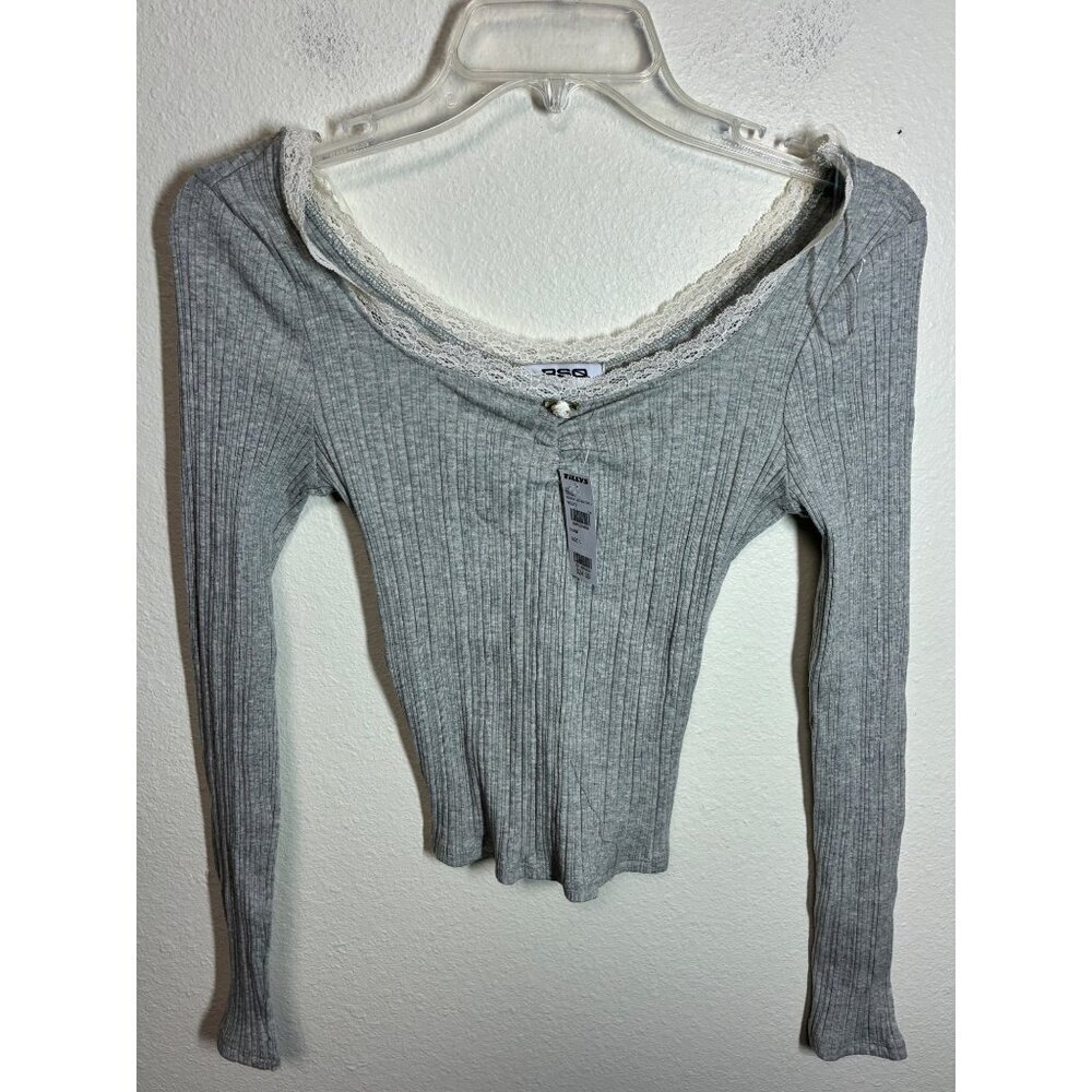 NWT RSQ Long Sleeve T-Shirt Boho Ribbed Lace Trim Cottage Grey Size Large Junior